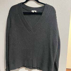 tentree Gray Ribbed V-Neck Sweater